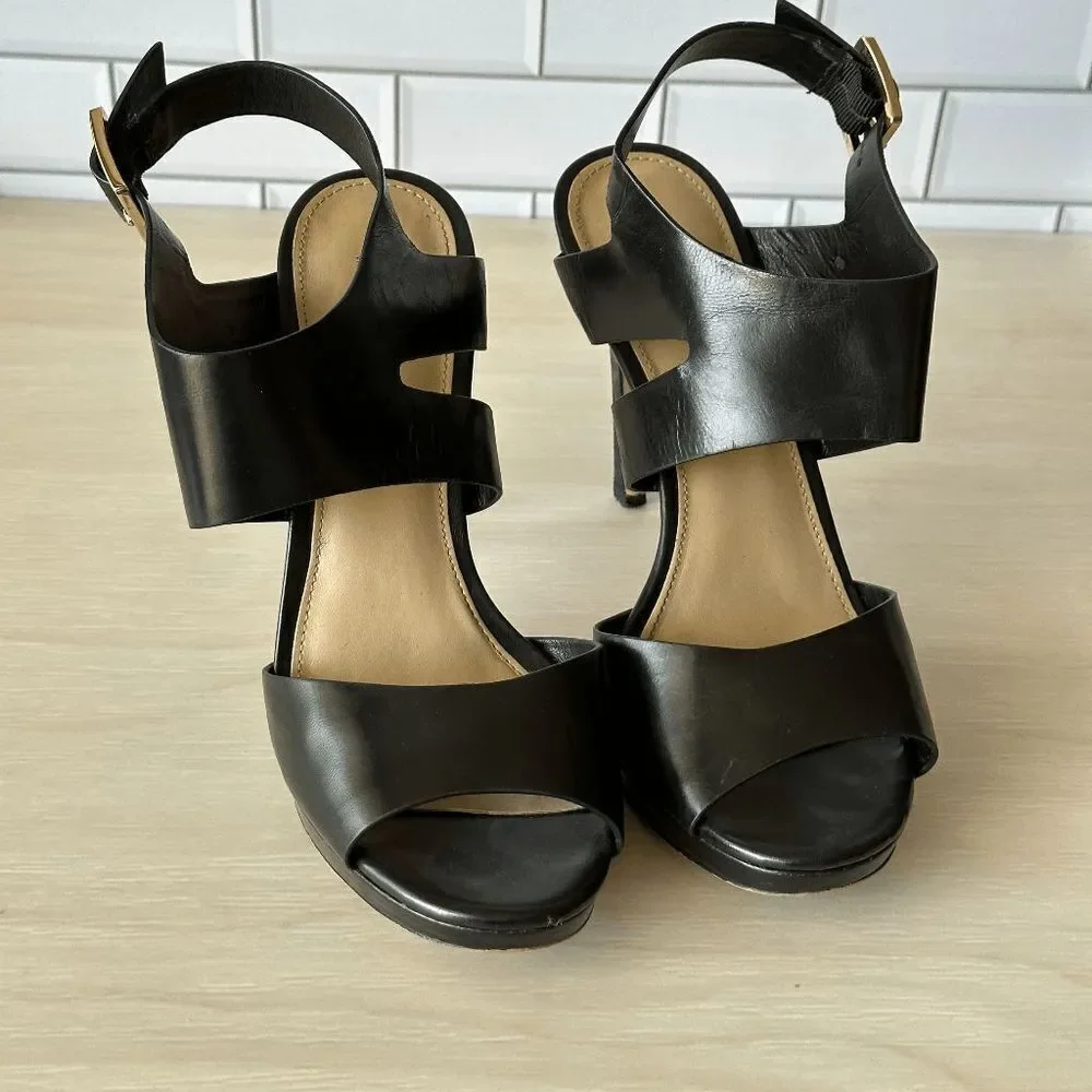 MICHAEL Michael Kors Black Leather Open Toe Buckle Heels - Size 7.5